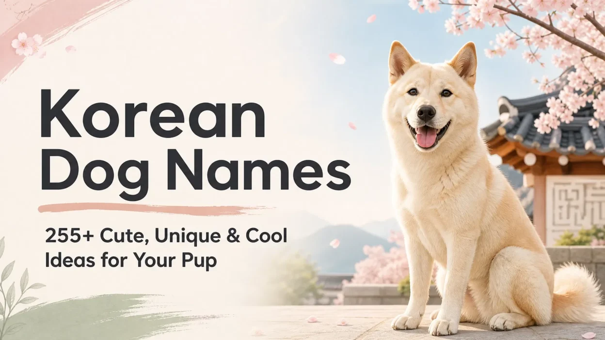 Cute Korean Jindo dog sitting beside a traditional Korean-style building with cherry blossoms, beside the headline “Korean Dog Names: 255+ Cute, Unique & Cool Ideas for Your Pup.”