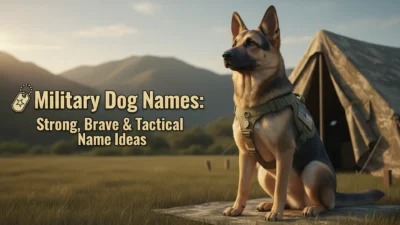 A strong German Shepherd military working dog wearing a tactical harness sits proudly beside a military tent in a mountain landscape with the text “Military Dog Names: Strong, Brave & Tactical Name Ideas.”