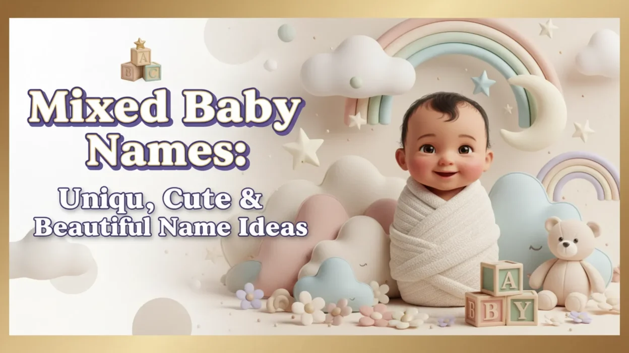 A smiling baby wrapped in a cream blanket sits in a dreamy nursery scene with pastel clouds, rainbows, stars, a moon, teddy bear, alphabet blocks, and the text “Mixed Baby Names: Unique, Cute & Beautiful Name Ideas.”