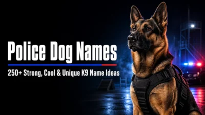 Alert German Shepherd police K9 in a tactical harness beside the headline “Police Dog Names: 250+ Strong, Cool & Unique K9 Name Ideas.”