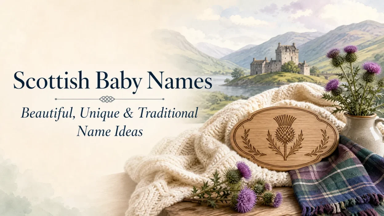 Scottish baby names banner featuring a scenic Highland castle, purple thistles, a tartan blanket, and the text “Scottish Baby Names: Beautiful, Unique & Traditional Name Ideas.”