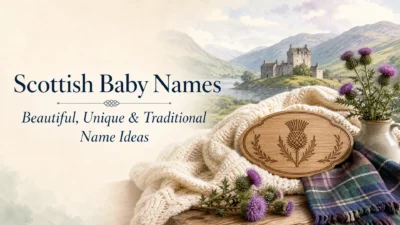 Scottish baby names banner featuring a scenic Highland castle, purple thistles, a tartan blanket, and the text “Scottish Baby Names: Beautiful, Unique & Traditional Name Ideas.”