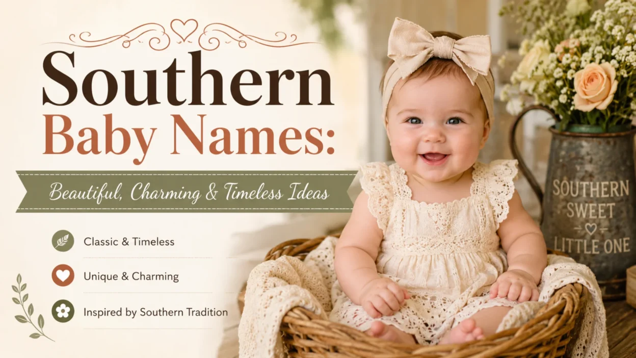 Southern baby names banner with a smiling baby in a vintage Southern setting