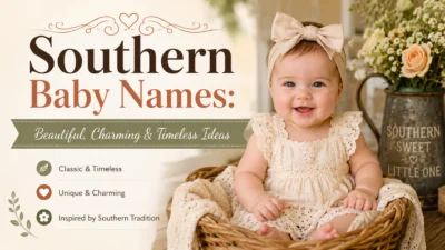 Southern baby names banner with a smiling baby in a vintage Southern setting