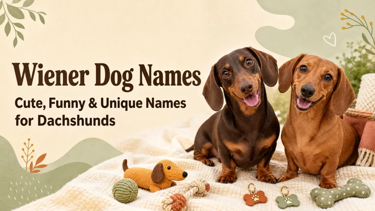 Two adorable dachshunds sitting on a cozy cream blanket beside dog toys, with the headline “Wiener Dog Names: Cute, Funny & Unique Names for Dachshunds.”