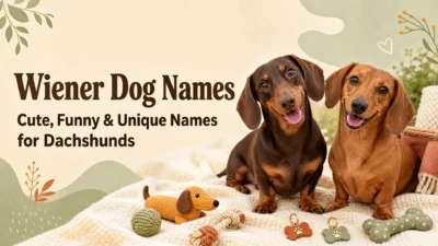 Two adorable dachshunds sitting on a cozy cream blanket beside dog toys, with the headline “Wiener Dog Names: Cute, Funny & Unique Names for Dachshunds.”