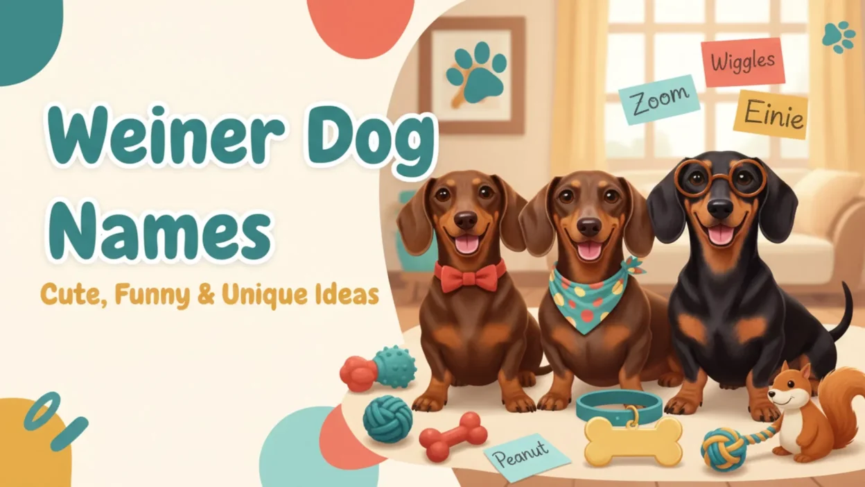 Three adorable dachshunds, including a black-and-tan dog wearing round glasses, posing with toys and name cards beside the text “Weiner Dog Names: Cute, Funny & Unique Ideas.”