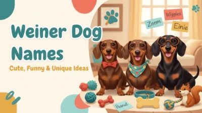 Three adorable dachshunds, including a black-and-tan dog wearing round glasses, posing with toys and name cards beside the text “Weiner Dog Names: Cute, Funny & Unique Ideas.”
