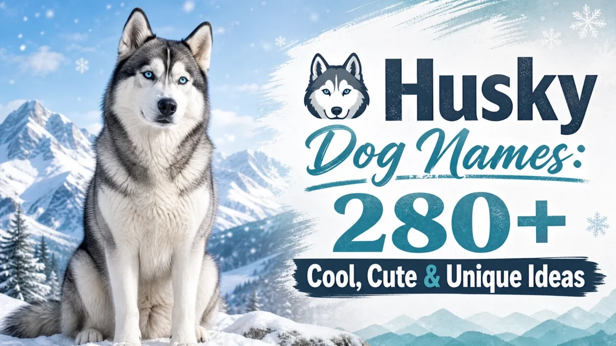 Siberian Husky sitting in a snowy mountain landscape beside the headline “Husky Dog Names: 280+ Cool, Cute & Unique Ideas.”