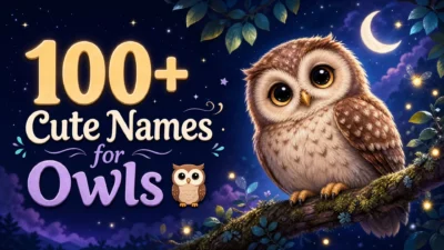 Adorable fluffy owl perched on a mossy branch under a crescent moon, with glowing fireflies and text reading “100+ Cute Names for Owls.”
