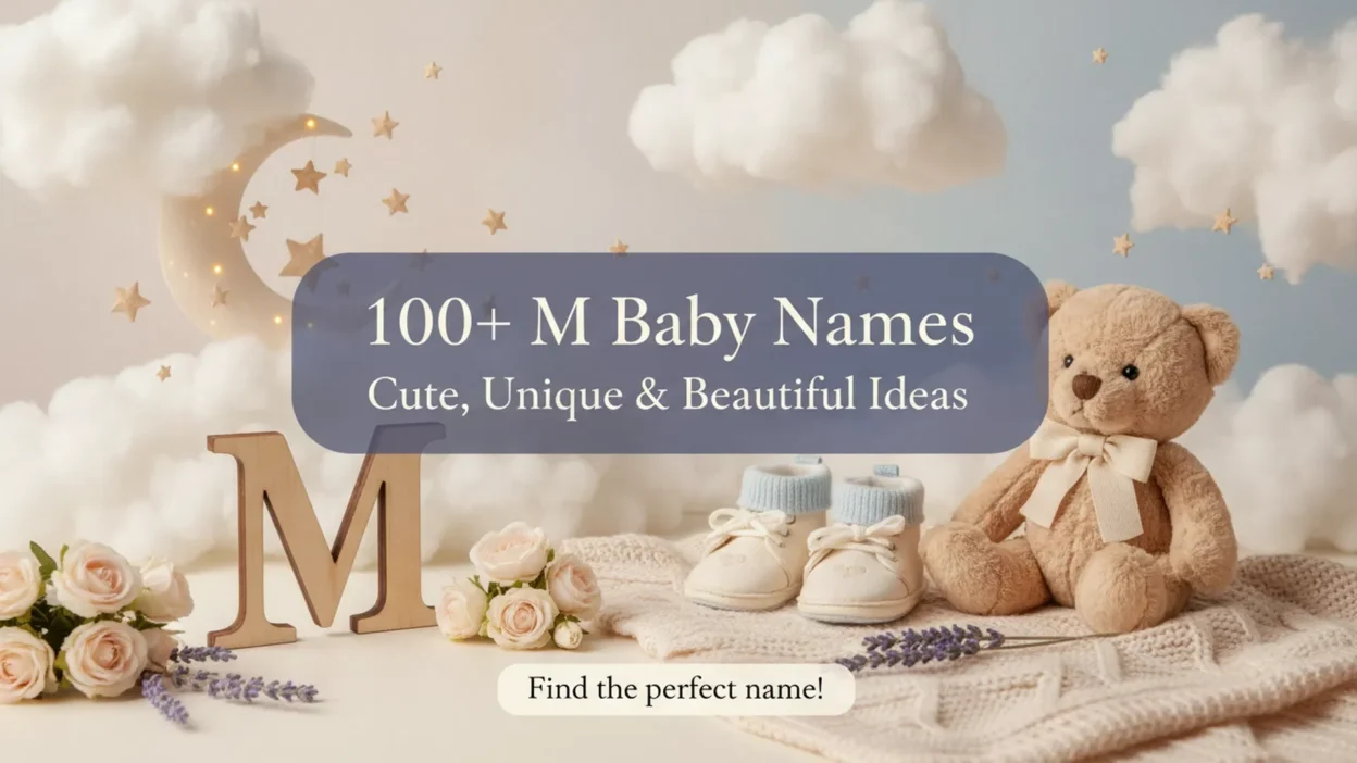 A soft nursery-themed banner with a large wooden letter M, teddy bear, baby shoes, roses, lavender, fluffy clouds, stars, and a crescent moon. The design reads “100+ M Baby Names,” “Cute, Unique & Beautiful Ideas,” and “Find the perfect name!”
