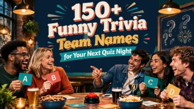 Colorful trivia night banner showing friends laughing together in a pub while holding answer cards, with the text “150+ Funny Trivia Team Names for Your Next Quiz Night.”
