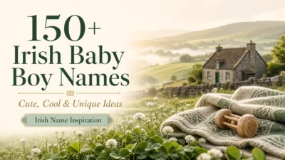 Irish countryside with rolling green hills, a stone cottage, wild white flowers, and a Celtic-inspired blanket beside text reading “150+ Irish Baby Boy Names: Cute, Cool & Unique Ideas.”