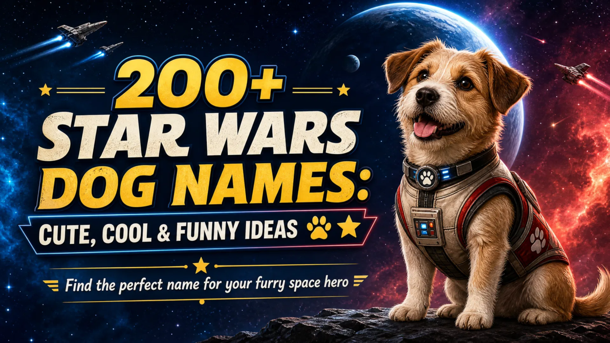 A cute heroic dog in a futuristic space-pilot vest stands on a rocky planet under a star-filled galaxy, with the headline “200+ Star Wars Dog Names: Cute, Cool & Funny Ideas.”