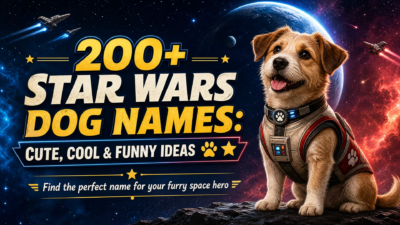 A cute heroic dog in a futuristic space-pilot vest stands on a rocky planet under a star-filled galaxy, with the headline “200+ Star Wars Dog Names: Cute, Cool & Funny Ideas.”
