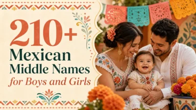 Mexican parents smiling with their baby beside colorful marigolds and papel picado, with text reading “210+ Mexican Middle Names for Boys and Girls.”
