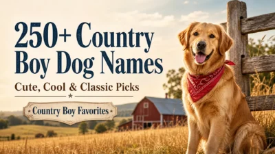 Golden retriever wearing a red bandana sitting beside a rustic wooden fence in a sunny countryside field, with text reading “250+ Country Boy Dog Names” and “Cute, Cool & Classic Picks.”