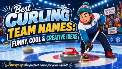 Cartoon curling athlete sweeping on an ice rink beside the text “Best Curling Team Names: Funny, Cool & Creative Ideas.”