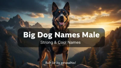 A powerful black-and-tan male dog stands confidently on a mountain overlook at sunset, with rugged peaks, pine trees, and a glowing sky behind him. The banner reads “Big Dog Names Male,” “Strong & Cool Names,” and “Built for big personalities!”