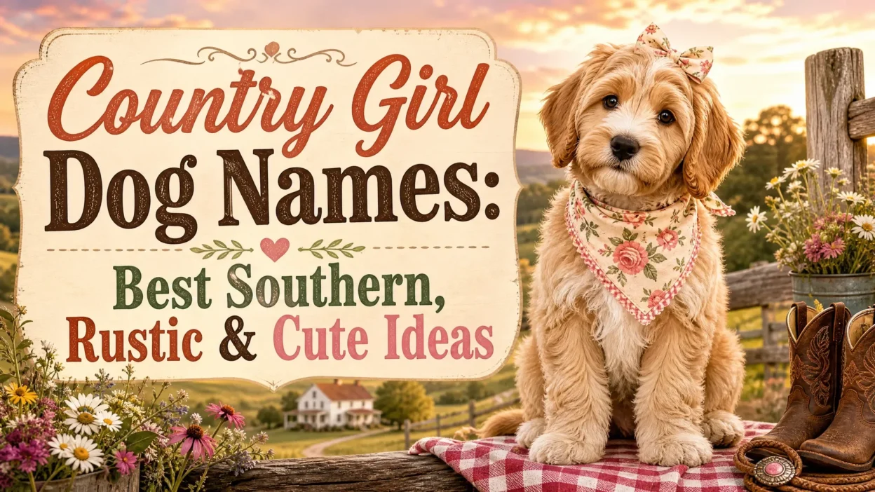 Adorable fluffy country girl puppy wearing a floral bandana beside a rustic fence, wildflowers, and cowboy boots, with the text “Country Girl Dog Names: Best Southern, Rustic & Cute Ideas.”