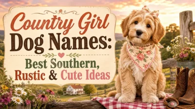 Adorable fluffy country girl puppy wearing a floral bandana beside a rustic fence, wildflowers, and cowboy boots, with the text “Country Girl Dog Names: Best Southern, Rustic & Cute Ideas.”