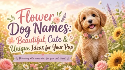 Adorable puppy wearing a flower collar in a colorful meadow beside the text “Flower Dog Names: Beautiful, Cute & Unique Ideas for Your Pup.”