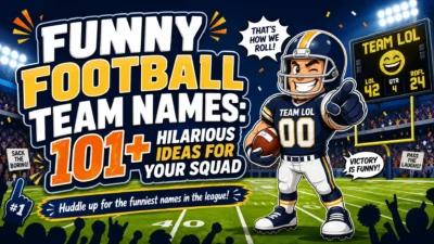 Cartoon football player mascot on a stadium field beside the text “Funny Football Team Names: 101+ Hilarious Ideas for Your Squad.”