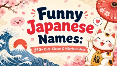 Cute maneki-neko cat and Japanese-inspired illustrations surrounding the title “Funny Japanese Names: 250+ Cute, Clever & Hilarious Ideas.”