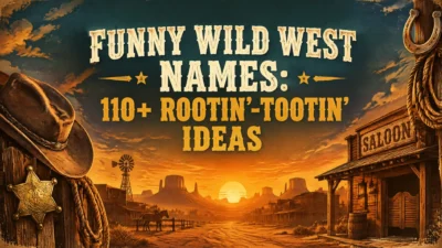 Vintage Wild West blog banner featuring a cowboy hat, sheriff’s badge, horseshoe, saloon, desert town, and sunset, with the text “Funny Wild West Names: 110+ Rootin’-Tootin’ Ideas.”