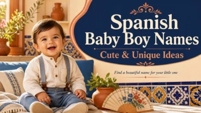 Spanish baby boy names graphic featuring a smiling baby boy in a warm nursery with Spanish-inspired tiles, terracotta decor, and the headline “Spanish Baby Boy Names: Cute & Unique Ideas.”