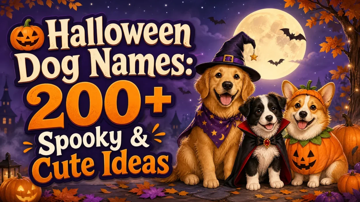 Three adorable dogs wearing Halloween costumes, including a witch hat, vampire cape, and pumpkin outfit, beside pumpkins under a full moon, with the headline “Halloween Dog Names: 200+ Spooky & Cute Ideas.”