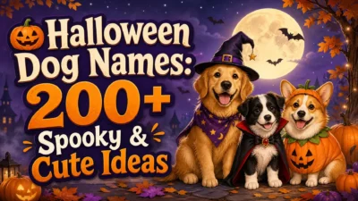 Three adorable dogs wearing Halloween costumes, including a witch hat, vampire cape, and pumpkin outfit, beside pumpkins under a full moon, with the headline “Halloween Dog Names: 200+ Spooky & Cute Ideas.”